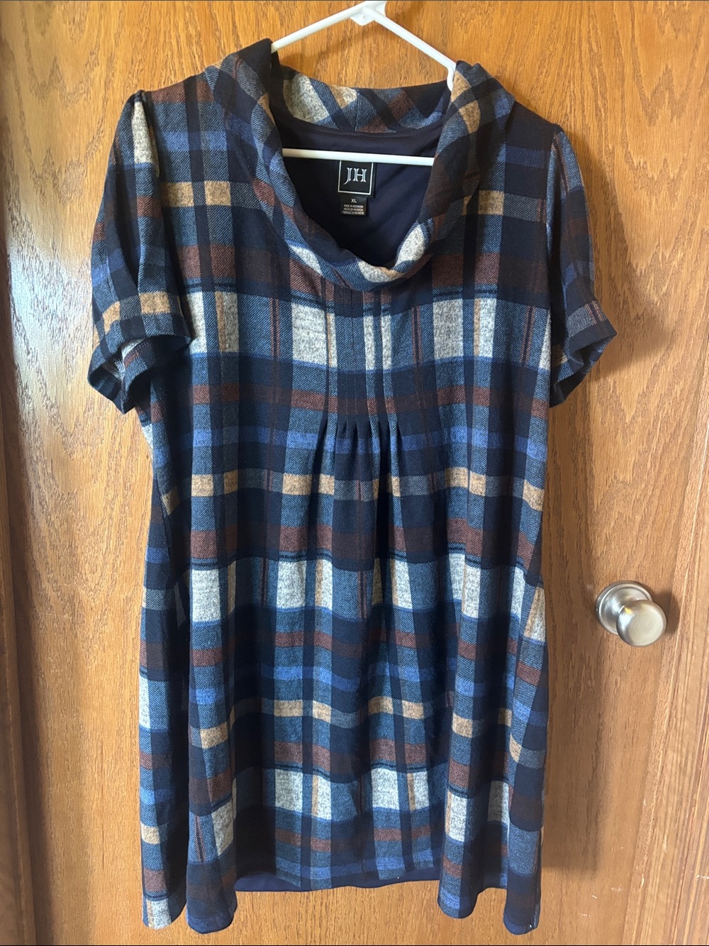 JH Plaid Cowl Neck Mini Dress in Navy and Brown